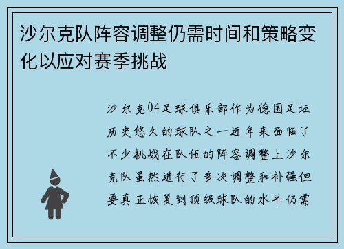 沙尔克队阵容调整仍需时间和策略变化以应对赛季挑战