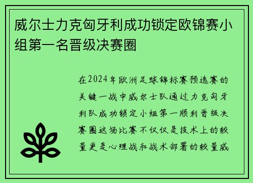 威尔士力克匈牙利成功锁定欧锦赛小组第一名晋级决赛圈