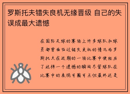 罗斯托夫错失良机无缘晋级 自己的失误成最大遗憾