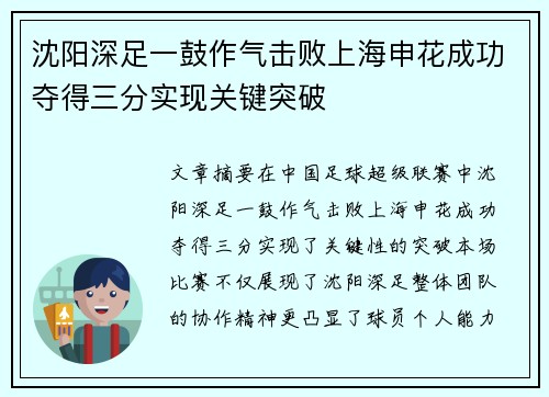 沈阳深足一鼓作气击败上海申花成功夺得三分实现关键突破