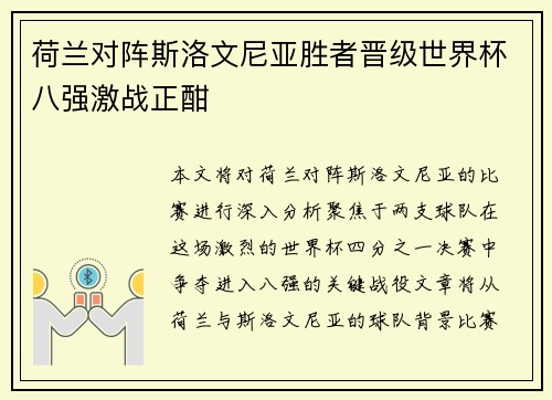 荷兰对阵斯洛文尼亚胜者晋级世界杯八强激战正酣